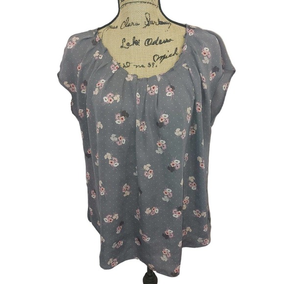 Lauren Conrad Gray and Pink Floral Cap Sleeve XL Blouse workwear tie back - Picture 1 of 6